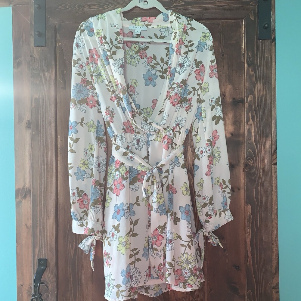 Favlux Fashion Dress V Neck Tie Style Wrap Floral Long Sleeve Creamy Peach Sz L